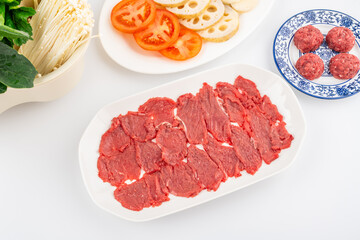 Vegetable platter and beef for hot pot