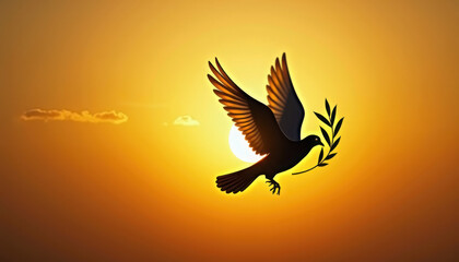 Fototapeta premium Symbolic Dove with Olive Branch Silhouetted Against Warm Sunset Glow 