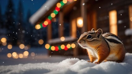 A chipmunk curiously explores a snowy landscape near a cozy cabin adorned with festive lights