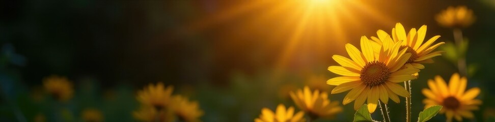 Obraz premium Yellow flowers lit by warm sunlight on a dark background, darkness, contrast, light