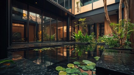 Compact urban garden with a sleek black stone fish pond.