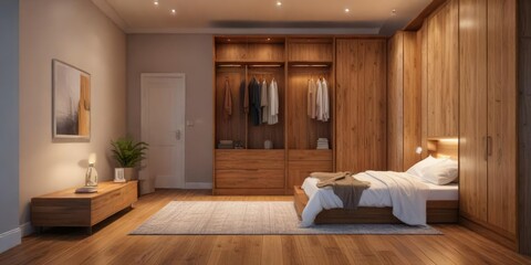 Wooden floor in a bedroom with a glowing wooden closet that serves as a reading nook, reading nook, soft light