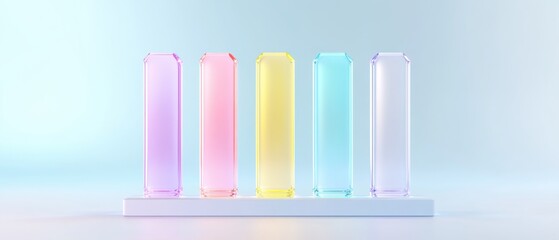 Fototapeta premium A minimalist display of five pastel test tubes arranged on a white base, showcasing soft colors against a light background.