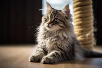 Obraz premium Beautiful Grey and Brown Short-Haired Cat Sharpening Claws on Floor Scratching Post - Lovable Breed Mammal