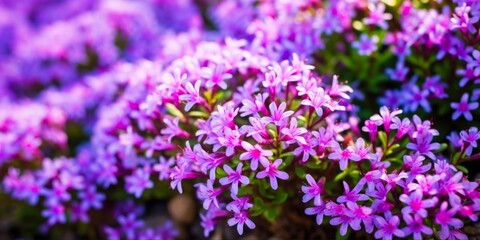 Obraz premium Beautiful Blooming Thymus Vulgaris on Blue Background. Aromatic Blossom of Common Thyme in the Wild