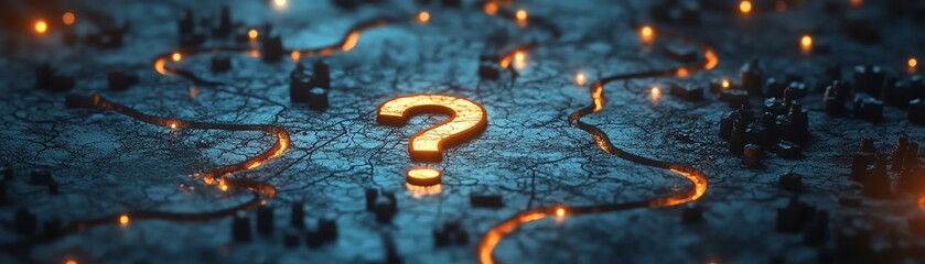 Map with unclear directions, dotted lines, glowing question marks, abstract paths leading to uncertainty, symbolic of confusion, vintage style, highly detailed, 8K