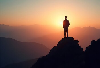 Obraz premium Silhouette Man Mountain Sunset Landscape Photography