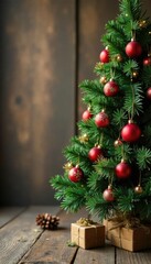 Wooden Christmas tree with ornaments and garland, Ornaments and garland, Rustic charm, Woodgrain texture