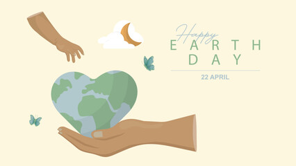 Happy Earth Day banner. Heart-Shaped Earth in Caring Hands and a child's hand trying to grab the earth. A heart-shaped globe rests gently in cupped hands. celebrating Earth Day. Vector illustration