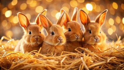 Obraz premium Adorable Orange Bunnies Playing in Hay - Cute Farm Animals Stock Photo
