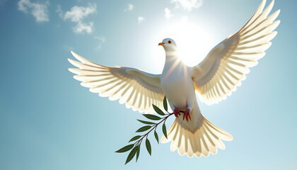 Obraz premium Dove of Peace Soaring Through Bright Blue Sky with Olive Branch