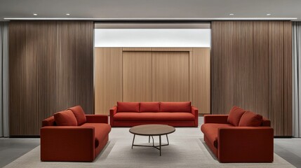 Hidden storage area behind sliding wooden panels.