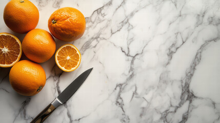 Fresh oranges on marble countertop with knife, showcasing vibrant colors and textures, perfect for culinary inspiration or healthy eating