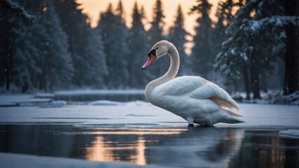 Fototapeta premium Elegant swan gracefully gliding on icy water in a serene winter landscape at sunset