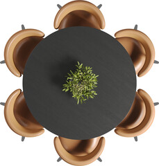 Top view of round dark wooden dining table with chairs