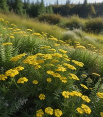 Field of Achillea millefolium in late summer with yellow flowers and fern-like foliage, ferns, late summer, meadow
