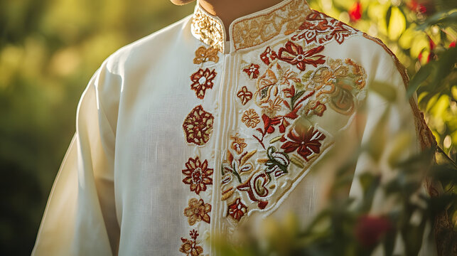 A person wearing a traditional Filipino barong tagalog, symbolizing Filipino culture and national pride with intricate embroidery.