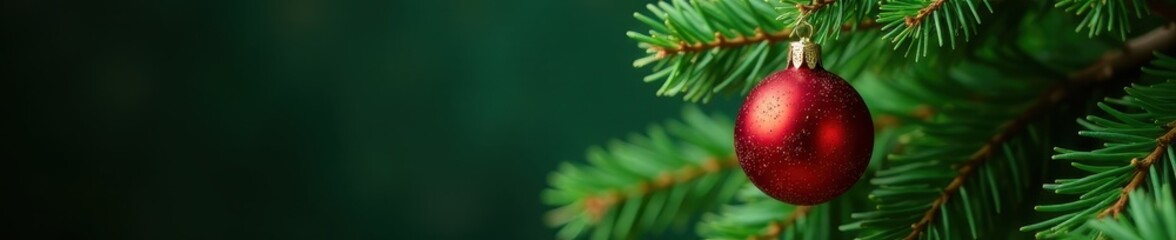 Vibrant red glass ornament atop a lush green evergreen fir tree branches, winter wonderland, fir branch