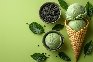 green ice cream in a waffle cone on the right side next to some green tea leaves, isolated on clean  background, minimalism