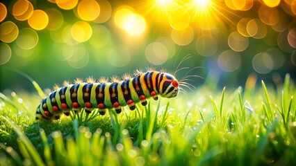 Naklejka premium Adorable Striped Caterpillar in Miniature Grassland - Tilt-Shift Photography