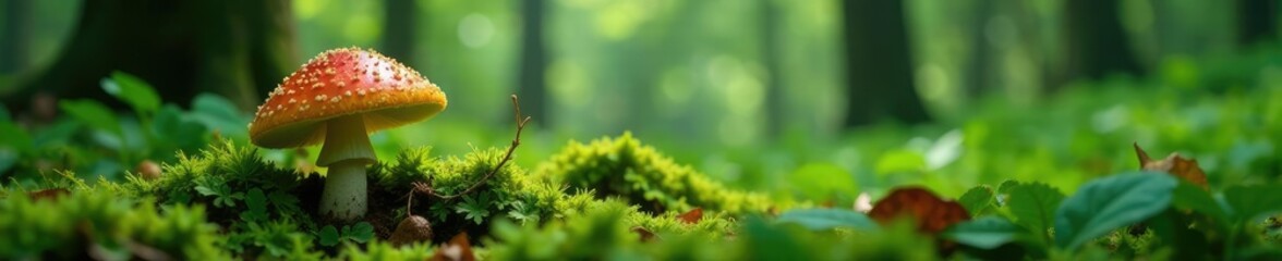 Wild mushroom in the undergrowth with ferns and leaves, forest, green
