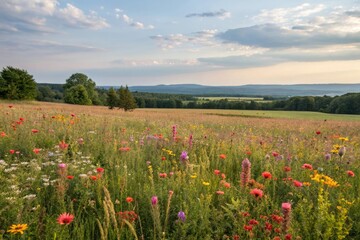 Obraz premium Wildflower field with blooming flowers, flowers swaying, natural scenery