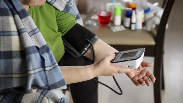 Unhealthy woman checking blood pressure hypotension diagnostic on medical tonometer