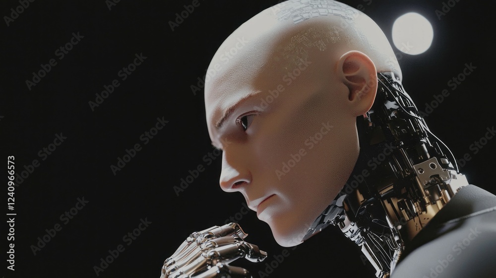 Poster a striking humanoid robot stands contemplatively in a dimly lit environment, showcasing its intricat