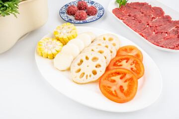 Vegetable platter and beef for hot pot