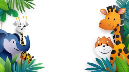 Obraz premium Cute Jungle Animals with Leaves for Children’s Theme Background