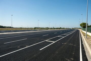 Fototapeta premium Wide-angle shot of black asphalt road with multiple lanes and white dividing lines, highway, traffic flow, black asphalt road, road network