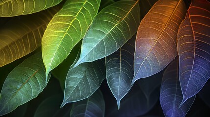 Obraz premium Vibrant tropical leaves in neon tones, creatively arranged, embodying nature-inspired energy and modern aesthetics