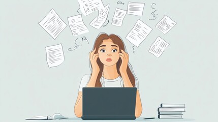 woman sitting in ofisce and tiping in laptop and show on top of head questions and ideas minimal Geometric style 