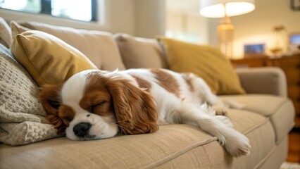 Cute Cavailer King Charles Spaniel dog sleeping on a sofa