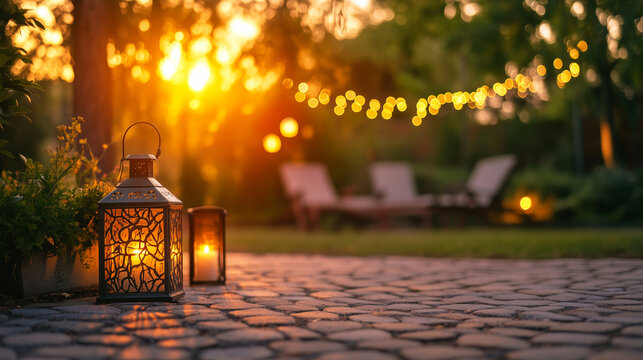 Cozy outdoor patio with glowing lanterns and string lights at sunset, perfect for backyard décor inspirations, summer evening event promotions, lifestyle blogs, and garden party advertisements