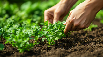 Close-up of hands harvesting fresh green seedlings in a garden, perfect for organic farming promotions, gardening tutorials, sustainable living blogs, and healthy lifestyle advertisements