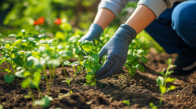 Gardener wearing gloves tending to young plants in a vibrant garden, perfect for organic farming promotions, sustainable gardening tutorials, eco-friendly living blogs, and horticultural advertisement