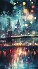 Fototapeta premium Dreamy watercolor cityscape blending world capitals, stock market symbols floating, economic powerhouses interlinked, investment bridges glowing. 