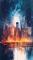 Fototapeta premium Dreamy watercolor cityscape blending world capitals, stock market symbols floating, economic powerhouses interlinked, investment bridges glowing. 
