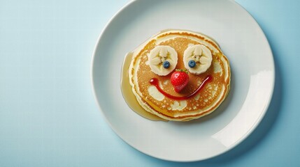 Whimsical pancake face breakfast on a pastel blue background