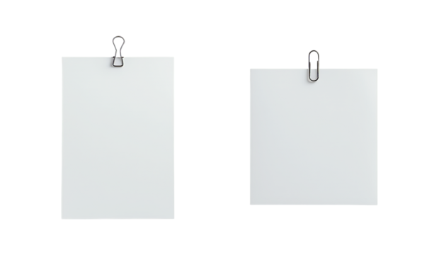 Two Blank Sheets of Paper Held by Different Types of Clips, Isolated on Transparent and White Background