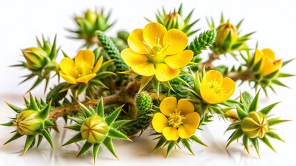Aerial Drone Shot: Tribulus Terrestris Plant, Spiny Fruits & Yellow Flowers on White