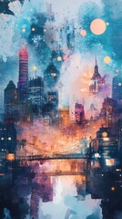 Fototapeta premium Dreamy watercolor cityscape blending world capitals, stock market symbols floating, economic powerhouses interlinked, investment bridges glowing. 