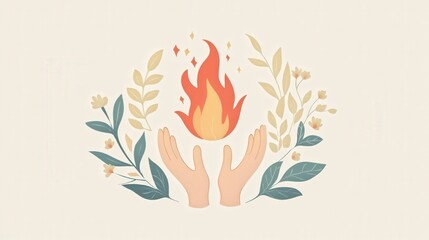 Fototapeta premium Simple Illustration of Two Hands Holding Up a Flame Surrounded by Leaves and Flowers in a Soft Color Palette