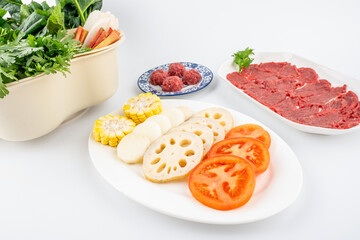 Vegetable platter and beef for hot pot