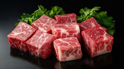 Fototapeta premium High-quality close-up of fresh beef cuts with visible marbling, surrounded by green herbs on a clean studio background