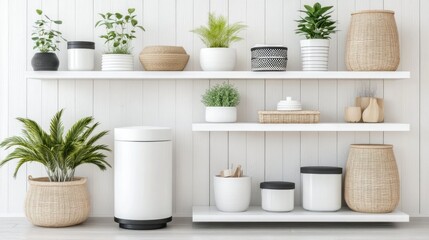 Modern storage room with sleek white shelves and organized bins.