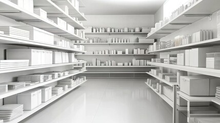 Obraz premium Modern storage room with sleek white shelves and organized bins.