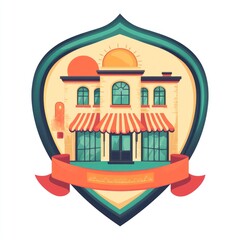 Obraz premium Charming storefront, sunset, shield badge, ribbon