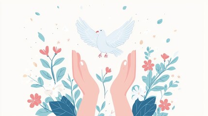 Simple Illustration of Two Hands Holding Up a Dove Surrounded by Floral Elements and Gentle Colors
